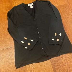 Black Long Sleeve Silk blend Cardigan with Diamond Accents, petite large
